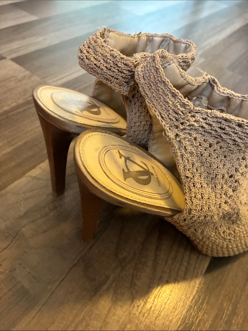 Vince Camuto Beige Crochet Peep-Toe Heels - Picture 11 of 16